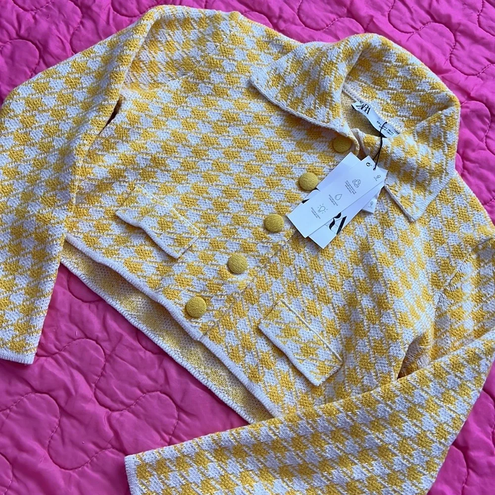 Zara Yellow Houndstooth Cropped Cardigan - Picture 4 of 16